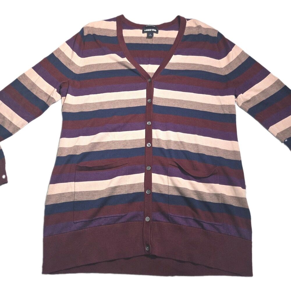 ​Lands End Striped Cardigan Sweater Womens L Burgundy Supima Cotton Button Front